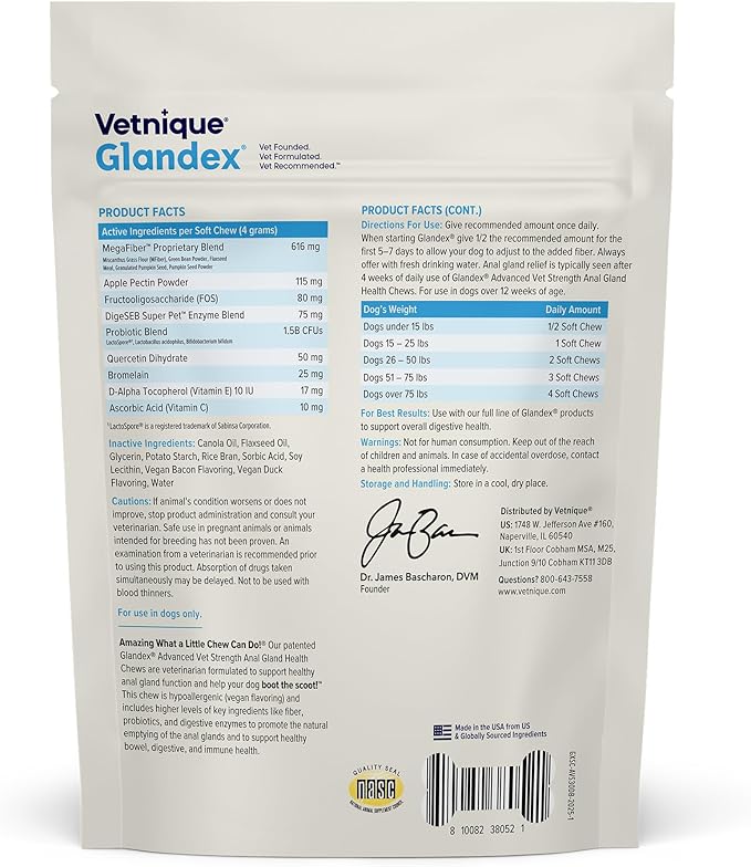 Vetnique Glandex Anal Gland Health Soft Chew Treats with Pumpkin for Dogs Digestive Enzymes, Probiotics Fiber Supplement for Dogs Boot The Scoot (Advanced Strength Duck/Bacon Chews (Veg), 30 Count)