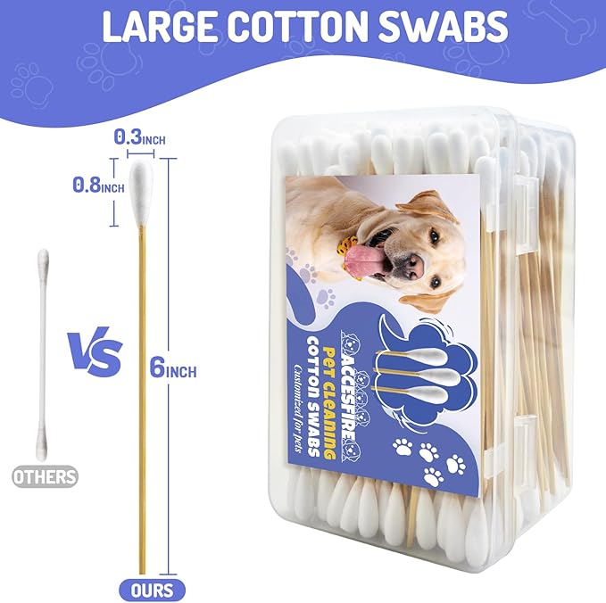 200PCS Large Cotton Swabs in Storage Box, 6 Inch Dog Ear Swabs with Bamboo Handle for Dogs - Soft Cotton, Gentle and Lint-Free, Specially Designed for Dogs, Cleaning Solution