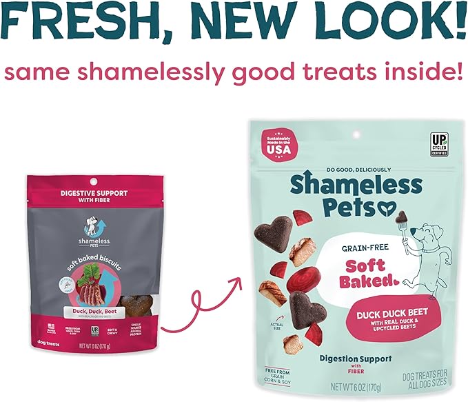 Shameless Pets Soft-Baked Dog Treats, Duck Duck Beet - Natural & Healthy Dog Chews for Digestive Support with Fiber - Dog Biscuits Baked & Made in USA, Free from Grain, Corn & Soy - 1-Pack