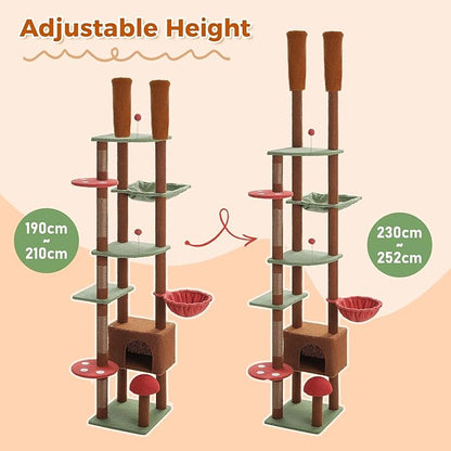 PETEPELA Floor to Ceiling Cat Tree, Adjustable 90.5''-100.4'' Cat Tower Mushroom Climbing Tree with Scratching Posts, Spacious Condo and Large Hammock for Indoor Cats Large Adult, Brown