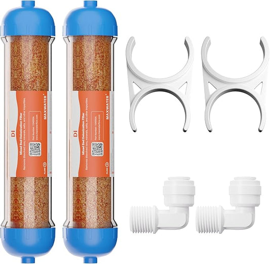 (2 Pack) Mixed Bed Ion Exchange Aquarium Filter Resin 0 PPM RO DI Refillable Housing w/Clamps & Fittings, Compatible with 10" Reverse Osmosis Water Filtration Systems, for High TDS in Water