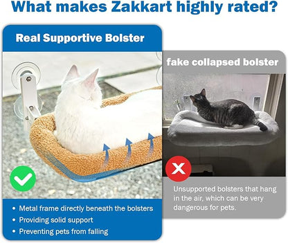 Zakkart Foldable Cat Hammock for Window - Cordless, Machine Washable Bed, Robust Metal Frame & ABS Brackets - Cat Window Perch for Large Cats and Kitten (Brown Bolster Bed, Large)
