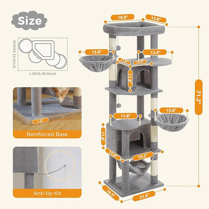 Tall Cat Tree for Indoor Cats Large Adult, 71.2" Multi-Level Cat Tower with 2 Spacious Condos, 3 Hammocks, Super Large Top Perch, 2 Pompoms, Grey