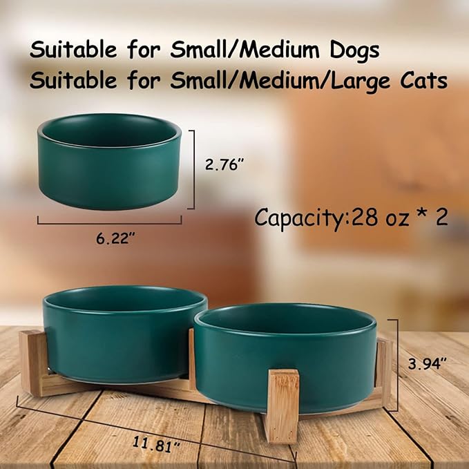 Petygooing Dog Bowls,Green Ceramic Cat Dog Bowl Set with Stand for Food and Water Feeder,Non-Slip Cute Modern Pet Dishes for Cats Small and Medium Size Dogs (28OZ/6.1 in)
