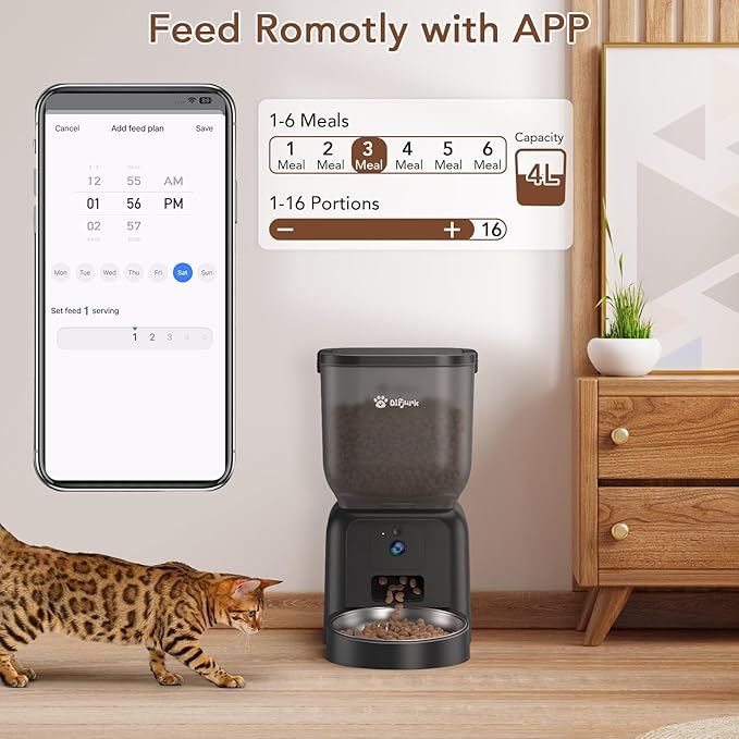 Automatic Dog & Cat Feeder,APP Controlled with Freshness Preservation, 4L Timed Cat Feeder with Timer Programmable, HD Camera for Voice and Video Recording (Black