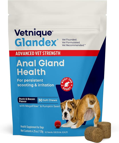 Vetnique Glandex Anal Gland Health Soft Chew Treats with Pumpkin for Dogs Digestive Enzymes, Probiotics Fiber Supplement for Dogs Boot The Scoot (Advanced Strength Duck/Bacon Chews (Veg), 30 Count)