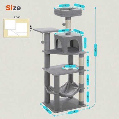 PEQULTI 56.3'' Cat Tree for Indoor Cats, Multi-Level Cat Tower with 2 Top Perch. Cat Condo, Hammock and Sisal-Covered Scratching Post, Grey