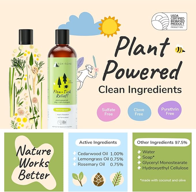 kin+kind Flea and Tick Shampoo for Dogs & Cats Vet Formulated - Plant Powered, Safe and Effective Dog and Cat Shampoo - Lemongrass Scent - Prevent Fleas and Ticks - Made in USA 12 fl oz