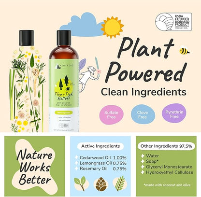 kin+kind Flea and Tick Shampoo for Dogs & Cats Vet Formulated - Plant Powered, Safe and Effective Dog and Cat Shampoo - Lemongrass Scent - Prevent Fleas and Ticks - Made in USA 12 fl oz