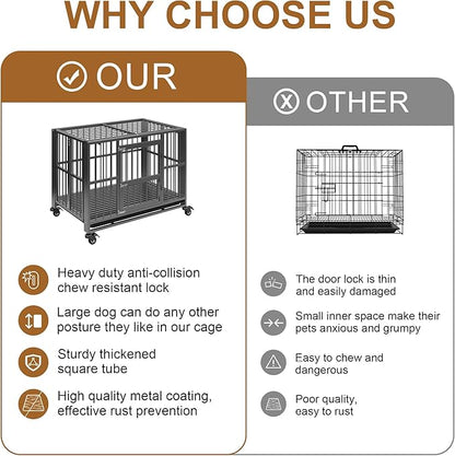 Polar Aurora Heavy Duty Dog Crate, Foldable Indestructible Dog Kennel, Escape Proof Extra Large Dog Cage with Lockable Wheels, High Anxiety Pet Playpen with Double Door for Indoor/Outdoor Use. (38in)