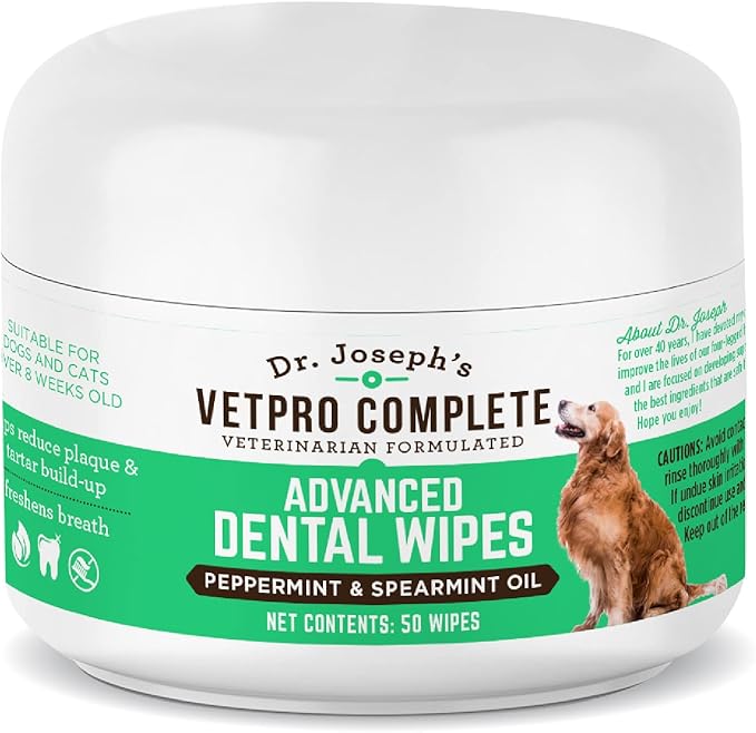VetPro Complete Dr. Joseph's Advanced Dog Dental Wipes, 50 Count, Easy Teeth Cleaner for Dogs and Cats with Peppermint and Spearmint, Freshens Breath, Reduces Tartar
