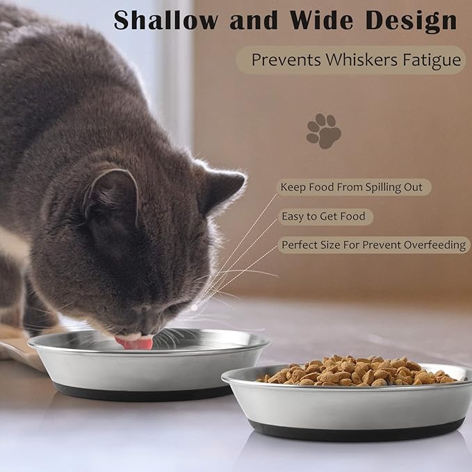 Stainless Steel Cat Bowls,Whisker Friendly Shallow Cat Dishes for Food and Water,Non-Slip Silicone Bottom,Heavy Duty,Replacement Kitten Metal Plate for Elevated Stands,3 Pack