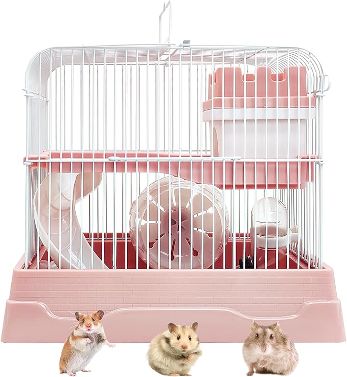 PINVNBY 2-Tier Dwarf Hamster Cage, Travel Portable Mouse Cage Gerbil Cages and Habitats Small Animal Carrier with Castle House Running Exercise Wheels, Water Bottle and Food Dish（Pink）