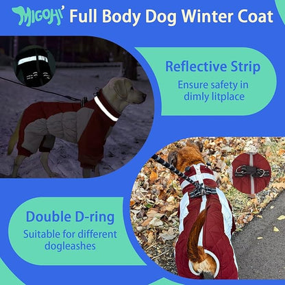 MIGOHI Full Body Dog Coat - Warm Reflective Winter Coat with Harness, Turtleneck Fleece Jacket for Small to Large Dogs - Four-Legged Snowsuit with Zipper