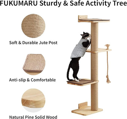 FUKUMARU Cat Scratching Activity Tree Wall Mounted, 50 Inch Cats Scratch Post, with Kitten Bed, Rubber Wood Scratcher Posts, Large