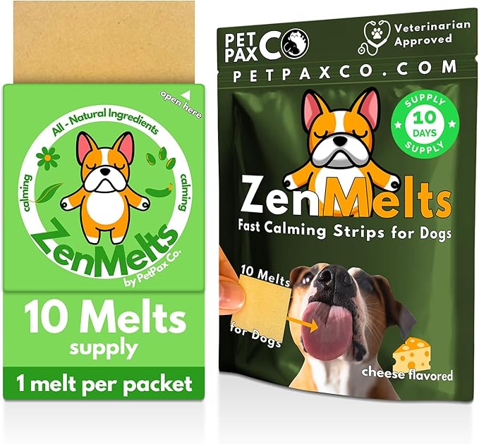 Calming Strips for Dogs 4-in-1 – 10 Strips – Relaxation Support with Chamomile, L-Theanine, Tryptophan & Melatonin for Dogs – Supports Calm During Fireworks, Storms & Travel – Pet Zen Formula