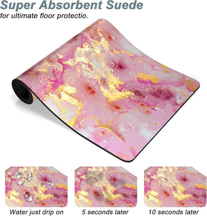 Rnivvi Dog Food Mat, 12" x 19" Absorbent Dog Cat Bowl Mat for Food and Water, Cute Anti-Slip Rubber Pet Feeding Rug Protect Floors, Puppy Placemat for Feeding & Watering Supplies, Pink Gold