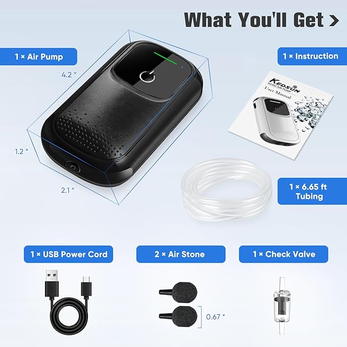 KEDSUM Aquarium Air Pump, USB Rechargeable Fish Aerator Pump with Accessories for 0-60 Gallons, Portable Fish Tank Bubbler, Used for Outdoor-Fishing, Power Outages and Emergency