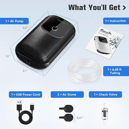 KEDSUM Aquarium Air Pump, USB Rechargeable Fish Aerator Pump with Accessories for 0-60 Gallons, Portable Fish Tank Bubbler, Used for Outdoor-Fishing, Power Outages and Emergency