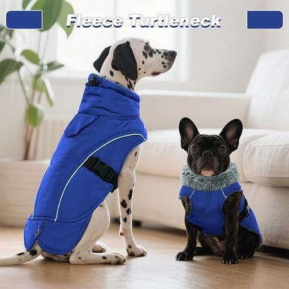 DENTRUN Large Dog Coat - Thick Fleece Lined Reflective Winter Jacket, Snap Closure & Leash Hole, Warm Thick Fleece Lined, Plush Turtleneck Vest for German Shepherd, Blue, XXL