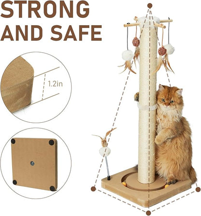 PEEKAB Cat Scratching Post 33 Inches Tall Large Sisal Scratch Posts with Track Ball Toys for Indoor Cats and Kittens,Vertical Scratcher Toy Beige