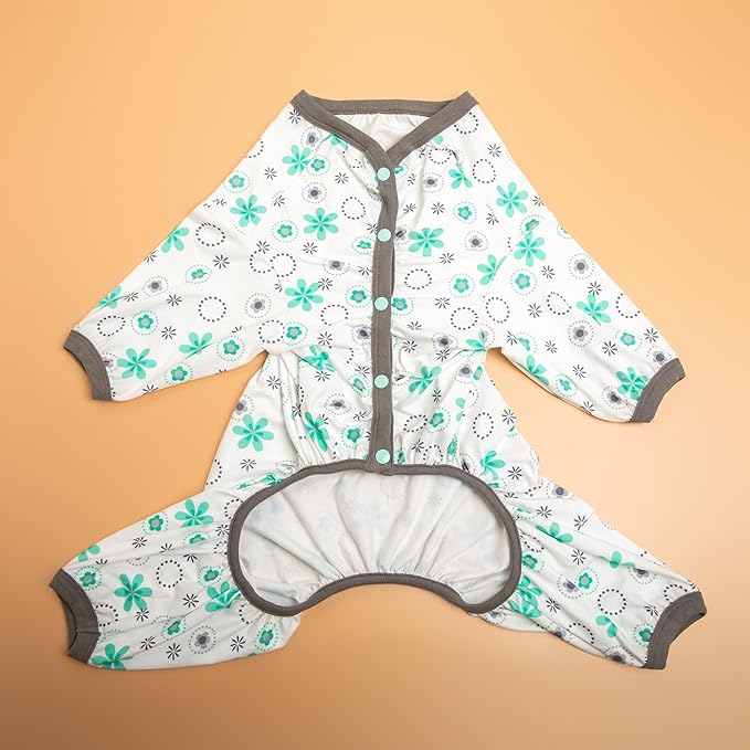 LovinPet Pitbull Onesie Shedding Suits for Dogs, Pet Anxiety Relief PJ's, Uv Protection Dog Tshirt,Comfy Stretchy Fabric,Mint Floral Print,Large Dog Pjs,Pullover Pitbull Clothes for All Seasons,2XL