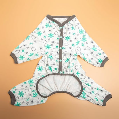 LovinPet Pitbull Onesie Shedding Suits for Dogs, Pet Anxiety Relief PJ's, Uv Protection Dog Tshirt,Comfy Stretchy Fabric,Mint Floral Print,Large Dog Pjs,Pullover Pitbull Clothes for All Seasons,2XL