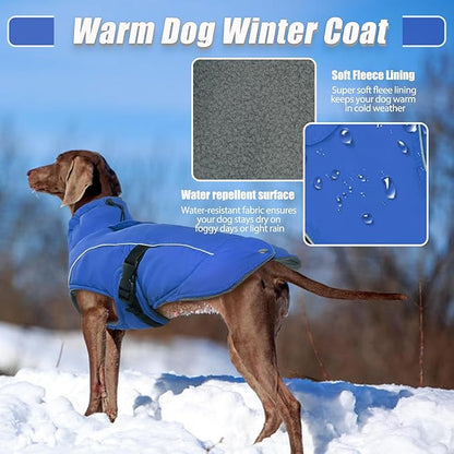 DENTRUN Extra Large Warm Dog Jacket - Windproof Water Repellent Reflective Coat, Adjustable Plush Turtleneck, Easy Wear Fleece Lined Cold Weather Vest for Great Dane, Blue, XXXL