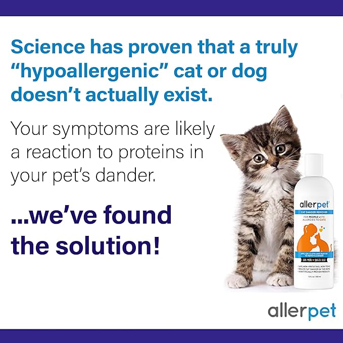 Allerpet Cat Dander Remover w/Free Pair of Grooming Gloves and Mitt - Effective Cat Dander Reduction, Anti Allergen Solution Made in USA - (12oz)
