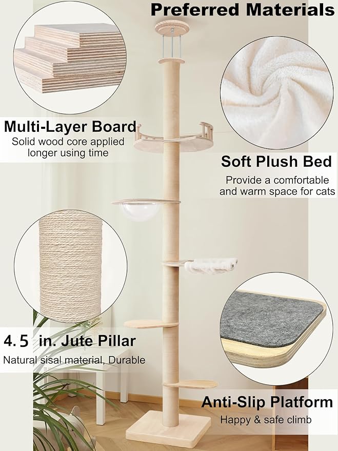 Modern Floor to Ceiling Cat Trees Tower with Sisal Rope Scratching Post, 5 Tier Cat Climbing Tree for Indoor Cats Large Adult, Height 82-117 inch, Adjustable Tall Cat Activity Tree(Deluxe Style 3)