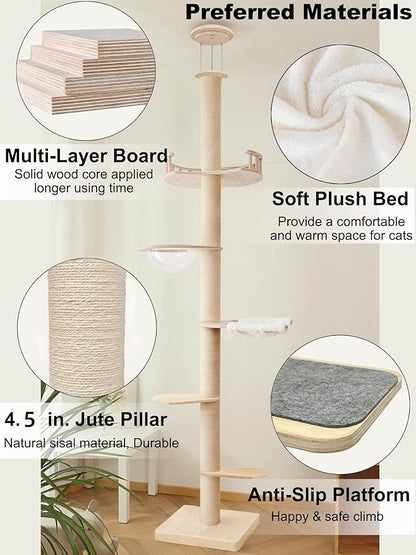 Modern Floor to Ceiling Cat Trees Tower with Sisal Rope Scratching Post, 5 Tier Cat Climbing Tree for Indoor Cats Large Adult, Height 82-117 inch, Adjustable Tall Cat Activity Tree(Deluxe Style 3)