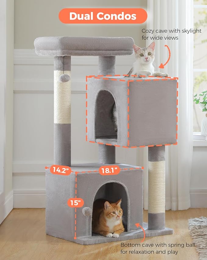 XL Cat Tower 44" Cat Tree for Large Cats 20 lbs+, 2 Spacious Condos with 3.4" Thickened Scratching Post, Large Top Perch, 2 Interactive Toys, Grey