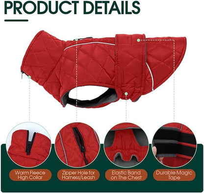 Kuoser Super-Warm Dog Jacket, Fleece Lined Turtleneck Snowsuit for Extra Large Dogs Boy Girl, Windproof Reflective Dog Winter Coat Christmas Pet Cold Weather Clothes, Red 2XL