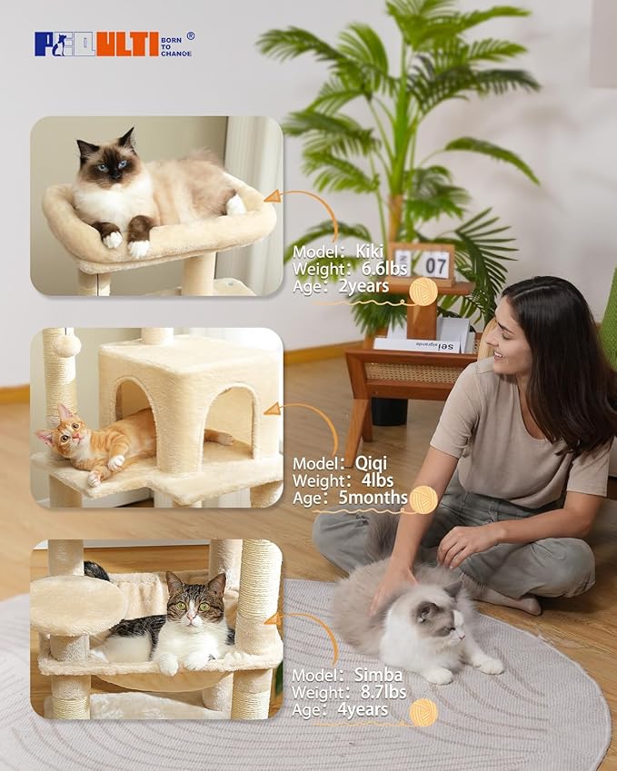 PEQULTI 45.7'' Cat Tree for Indoor Cats with Metal Frame Big Hammock, Cat Tower for Small or Medium Cats with Cat Condo House, with Scratching Posts and Top Perch, Beige