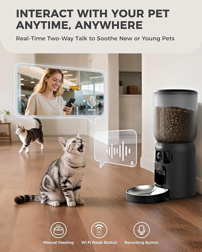 AI Automatic Cat Feeder with Dual Cameras (1 Adjustable), 2K HD Night Vision, 5G/2.4G WiFi, 6L Automatic Pet Feeder with APP Control, Laser Interactive Toy, Two-Way Audio & Scheduled Feeding