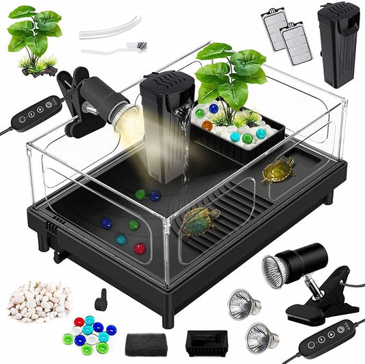 GOZILLA Small Turtle Tank Kit(Tank+Lamp+Filter), Acrylic Turtle Starter Kit with Adjustable Lamp, Reptile Habitat and Terrarium with Multi-Functional Areas for Small Reptiles. (Black Kit)