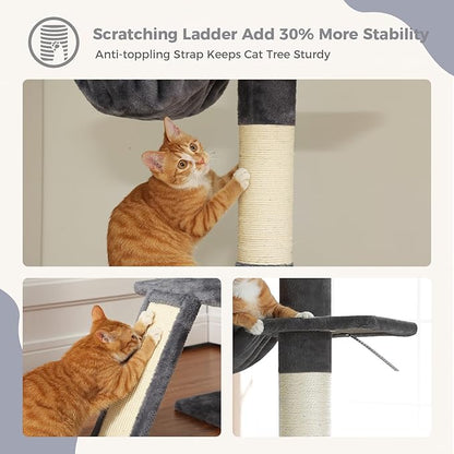 PEQULTI Cat Tree Floor to Ceiling, Tall Cat Tower, Adjustable Height (83''-108'') 5 Tiers Climbing Tree for Indoor Cats with Cat Condo, Scratching Post and Ladder, Dark Grey