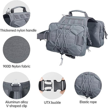EXCELLENT ELITE SPANKER Dog Pack Dog Saddle Bag Backpack for Camping Hiking Medium & Large Dog with 2 Capacious Side Pockets (M, Grey)