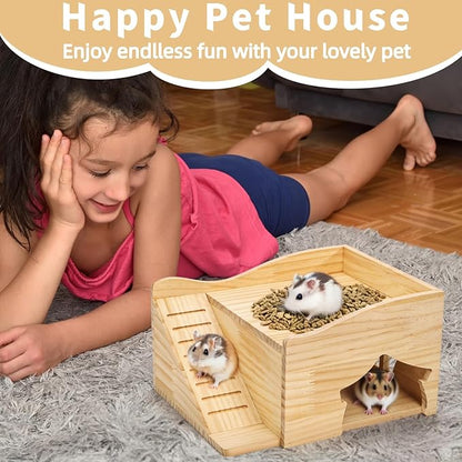 Guinea Pigs Hideout, Wood Hamster House Castle with Stairs and Window, Small Animals Bed Hut Habitats, Ideal for Chinchillas Dwarf Mice Gerbils Playing Hiding, No Installation Required