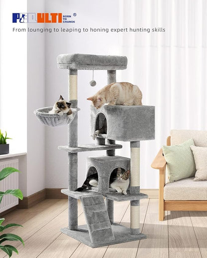 PEQULTI 56.3'' Cat Tree for Large Cats with Super Large Top Perch, Tower for Indoor Cats with Hammock and Sleeping Bag, Cat Shelves with Scratching Posts and 2 Condos Houses Grey