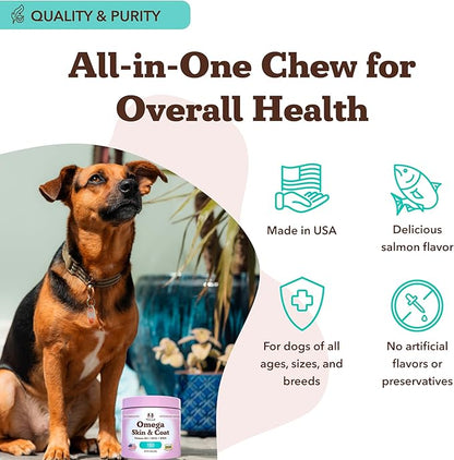 Natural Dog Company Omega Chews for Dogs Skin & Coat Support with Salmon Oil & Omega-3 Fatty Acids, Helps Itchy Skin, Dryness, Shedding, Supports Joints, Heart,Immune System & Overall Health (180 cnt)