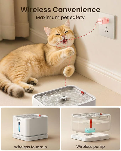 Cordless Cat Water Fountain, 3L/100oz Stainless Steel Tray, Cat Fountains for Drinking, Pet Water Fountains Indoor, Automatic Dog Water Bowl Dispenser, Rechargeable Battery Operated BPA-Free
