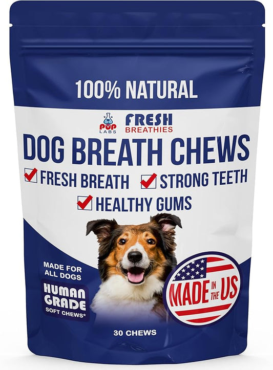 Fresh Breathies, All-Natural Dental Chews for Dogs, Dog Breath Treatment That Supports Gut Health and Immune System, Dog Teeth Cleaning Chews, Dental Treats for Dogs Made in The USA, 30 Count
