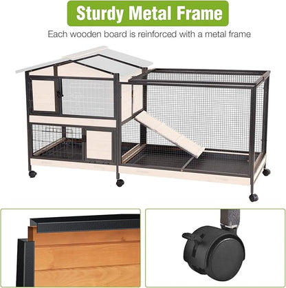 GUTINNEEN 2-Story Rabbit Hutch with Chew-Proof Full Metal Frame for Indoor/Outdoor - 62" Bunny Cage with 6 Locking Casters & 2 Pull-Out Trays for Rabbits, Guinea Pigs, Small Pets (Brown)