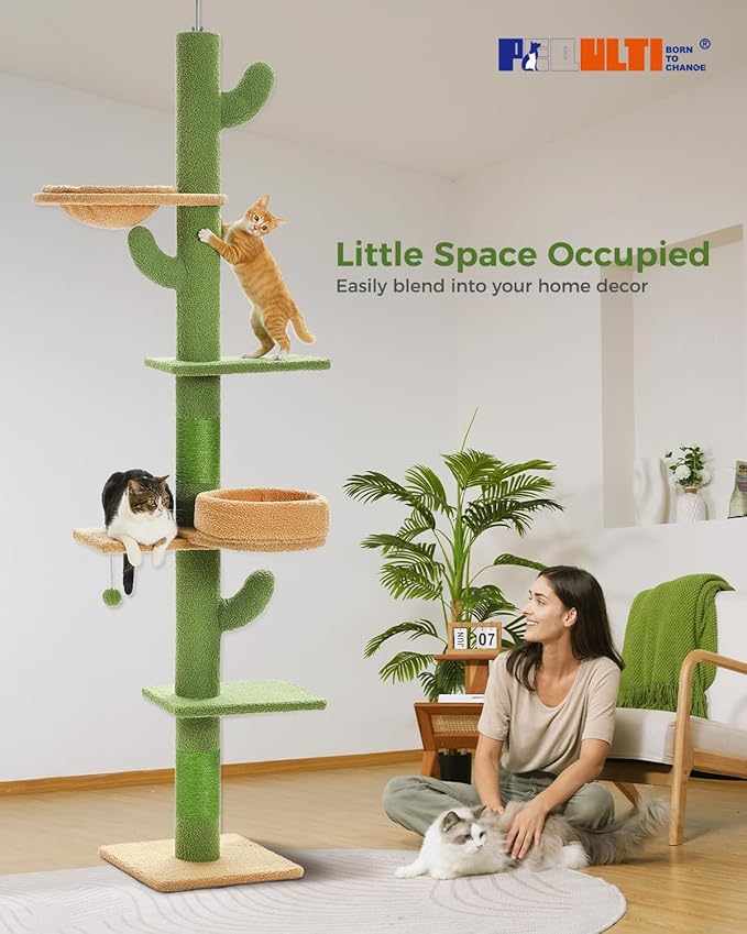 PEQULTI Floor to Ceiling Cat Tree Adjustable Height (87"-100"), 5 Levels Cactus Cat Tower with Perch&Replaceable Hammock, 4.1" Super Robust Cat Scratcher, Green