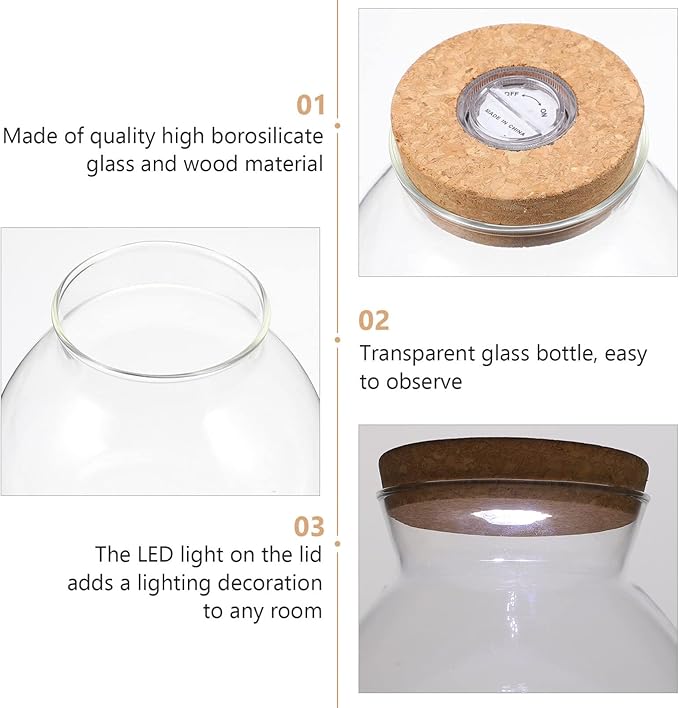 Fish Bowl with LED Light - Small Betta Fish Tank with LED Lighting and Lid Glass Fish Bowl Small Aquarium Glass Terrarium Container Bottle for DIY Landscape, Home Decor