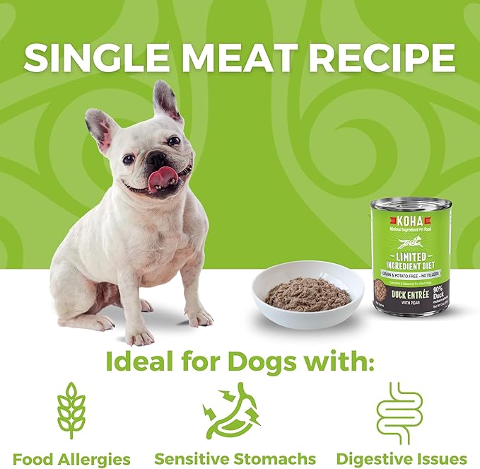 KOHA Limited Ingredient Diet Duck Entrée for Dogs - Sensitive Stomach Canned Dog Food - High Protein, No Fillers Pate Dog Food - 13 oz Pack of 12