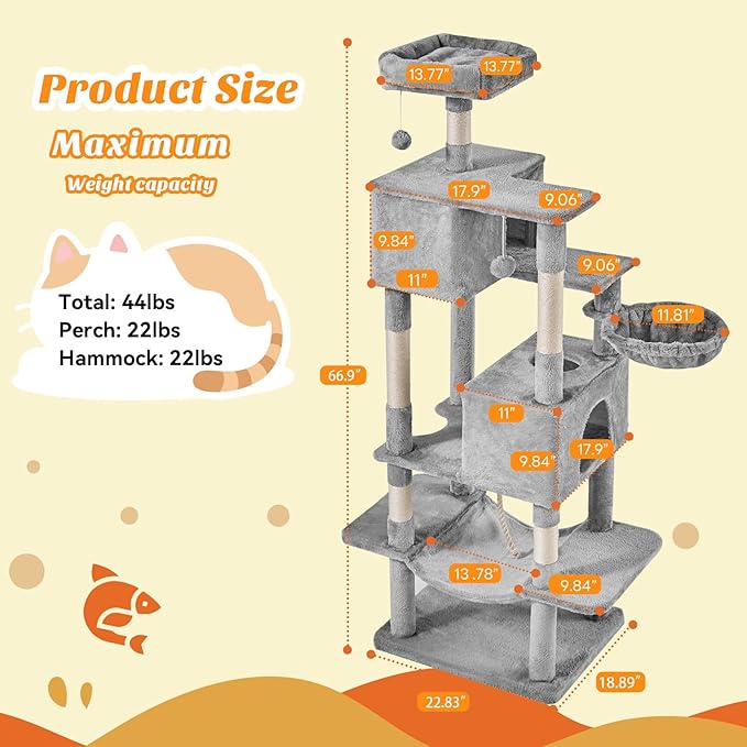 Sweetcrispy 66 inch Cat Tree Tower, Large Multi Level Cat Climbing Tower with Condo, Natural Sisal Scratching Posts, Extended Platform, Hammock, Pet House for Indoor Cats and Kittens Play, Grey