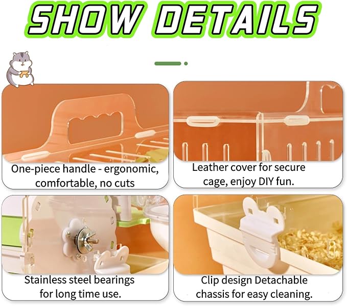 Large Acrylic Hamster Cage14.6x10.2x12.6in-Multi-Level Habitat for Dwarf/Syrian Hamsters-Mice (Ventilated Top-Removable Base) Expandable Small Animal Enclosure (Green Hamster Cage, 14.6x10.2x12.6)
