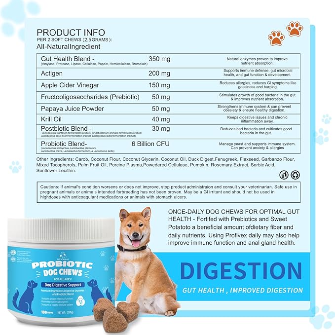 Natural Probiotic Digestive Supplement for Dogs - Probiotic Chewable with Prebiotics and Enzymes Supports Gut Health, Diarrhea & Digestion, Improve Immune System Allergy Itch Skin